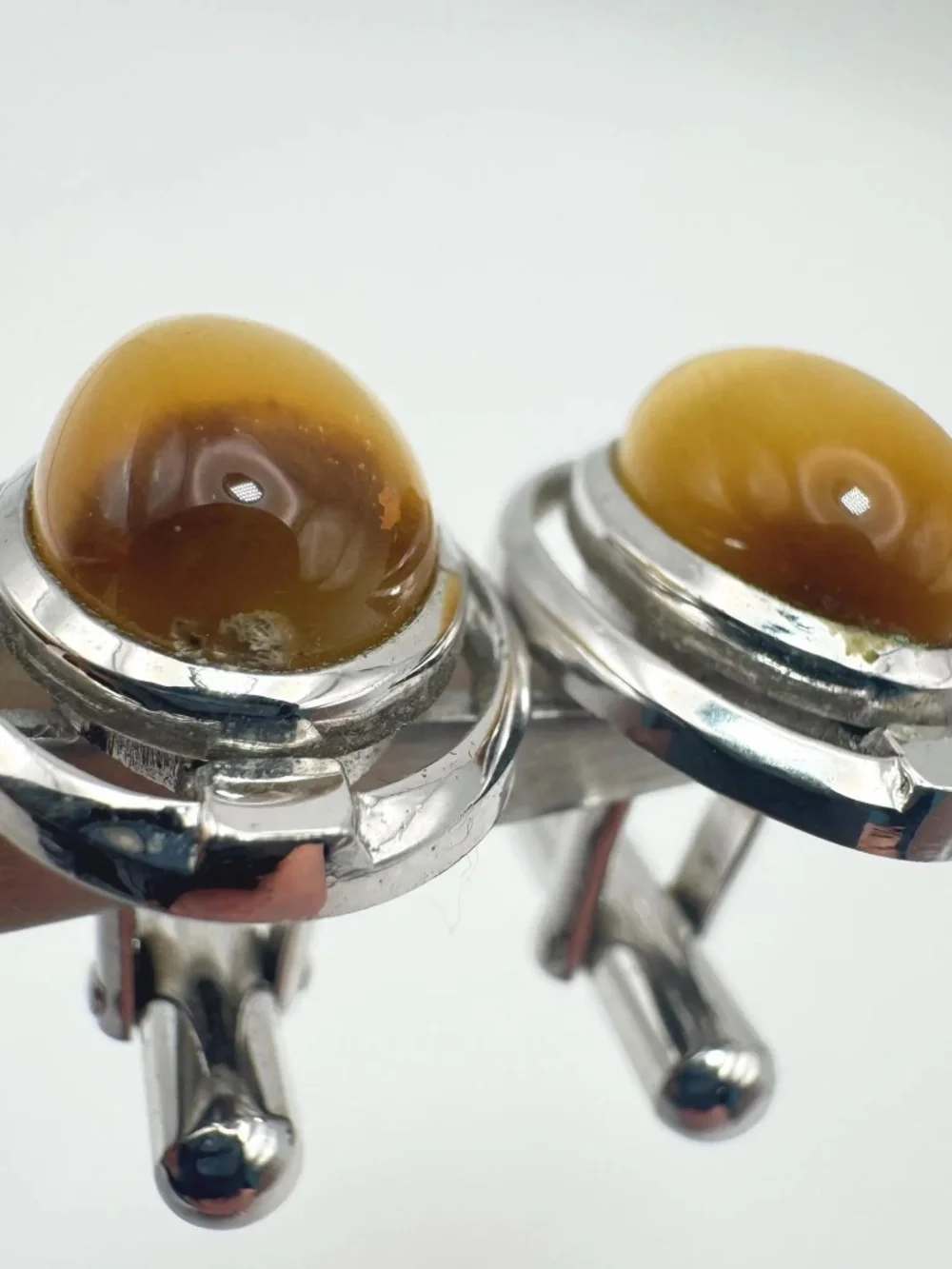 Vintage Sun Eagle Tiger Eye Cufflinks Oval Cabochon Silver Tone Formal Accessory